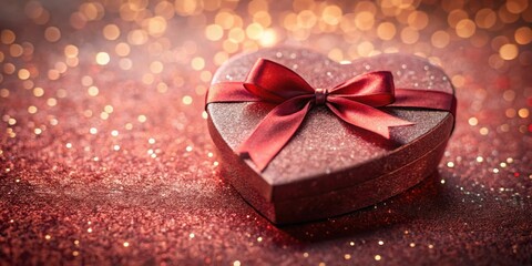 Fototapeta premium A sparkling heart-shaped gift box with a crimson ribbon rests upon a bed of shimmering red glitter, illuminated by a soft golden glow.