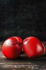 Dynamic red boxing gloves ready for action and competition on a rustic wooden surface symbolizing strength and resilience in the sport of boxing