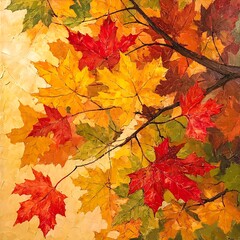 A vibrant display of autumn leaves in shades of red, orange, and yellow against a soft background.