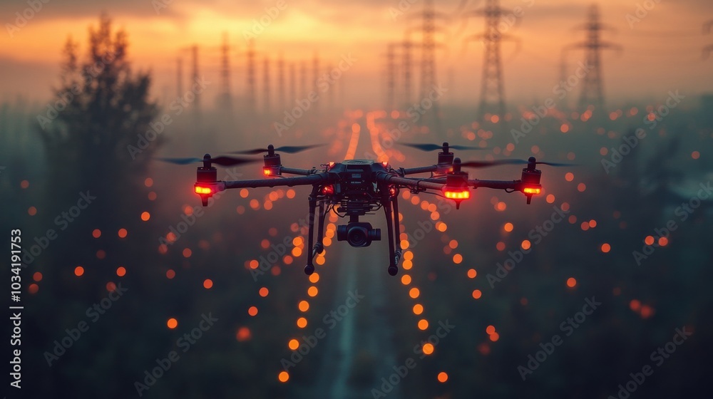 Poster A drone soars above a power line corridor during sunset, capturing a vibrant array of lights below while dusk settles over the landscape.