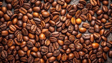 Fototapeta premium A close-up view of roasted coffee beans scattered on a rustic surface, highlighting their rich brown color and intricate details.