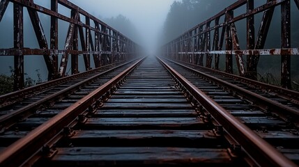 Misty train tracks extending into the distance, framed by a foggy atmosphere.