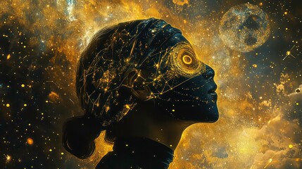 A woman's face with a digital overlay and a cosmic backdrop.