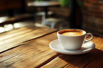 A cozy cup of coffee the perfect blend of aroma and flavor on a rustic wooden table in a warm café atmosphere