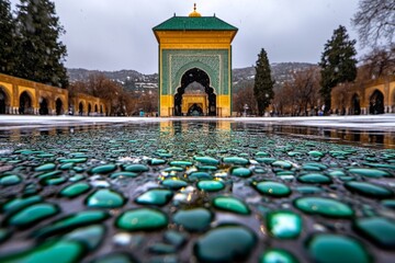 Fototapeta premium A Moroccan courtyard in winter, with green tile mosaics glistening after a light drizzle