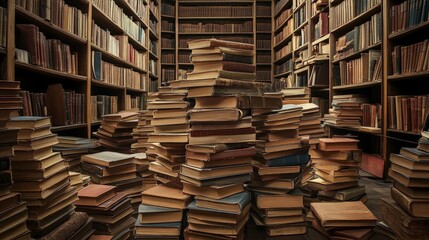 Fototapeta premium Library study area, open textbook amidst stacks of literature, reading desk surrounded by shelves of books, inviting environment for academic learning and exploration.