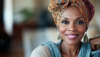 Cheerful Middle-Aged African American Woman Wearing Headscarf At Home, Looking At Camera In Traditional African Attire. Joyful, Mature Lady.