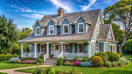 A charming, traditional home with a large front porch, surrounded by lush landscaping and a stone pathway leading to the front door.