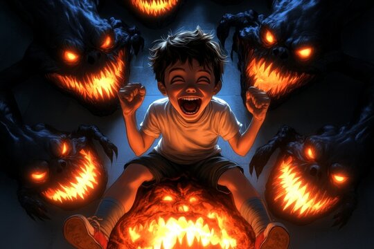 A child laughing as they banish monsters under their bed, representing innocence triumphing over fear