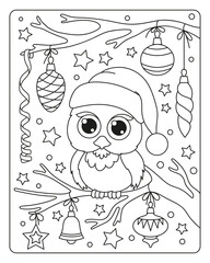 Cute little owl on a branch and Christmas decorations. Coloring for children. Black and white illustration.