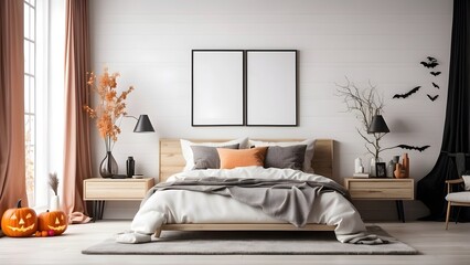 Modern minimalist laptop mockup on table for Halloween, blank frame of laptop screen mockup, Halloween vibes spooky scary environment of the room interior design