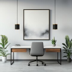 Elegant executive office with clean white walls, minimalist furniture, and abstract art, modern office, executive workspace