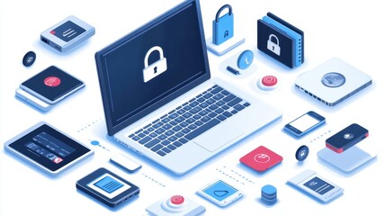 Isometric illustration of a laptop with digital elements, including mobile devices and security icons, perfect for tech, business, or digital security themes.