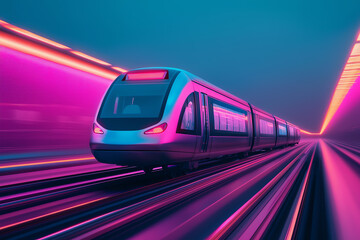 Naklejka premium Futuristic train in vibrant neon lights
