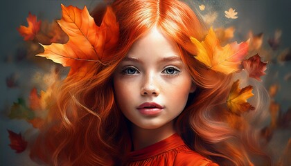Fototapeta premium portrait of a girl with red hair and autumn leaves