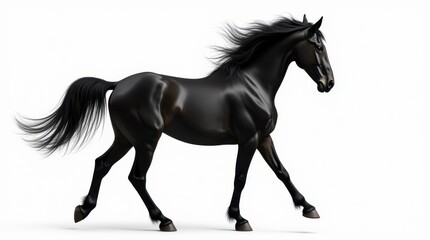 A striking black Friesian horse is captured mid-trot, showcasing its powerful and graceful movement. The horse's long mane flows dramatically in the wind, adding to the sense of motion and elegance.