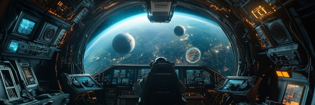 Pilot in spaceship control room