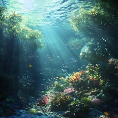 Obraz premium A vibrant underwater scene showcasing colorful corals and diverse marine life illuminated by sunlight.