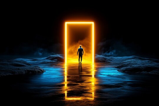 A figure stepping into a portal of light, symbolizing transcendence beyond the material world