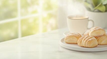 A cozy cafe with Kouign Amann pastries and steaming coffee in natural light