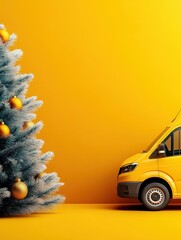 Yellow Van and Christmas Tree on Bright Background