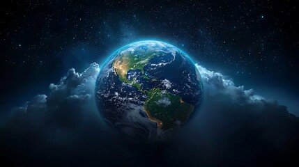 Fototapeta premium A view from space showing one part of the Earth covered by heavy rain clouds while other areas remain clear, representing global inequality in weather patterns. Ultra-Realistic, Photo Realistic, 