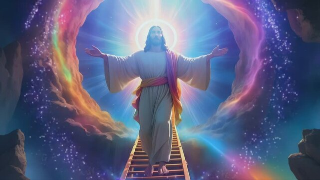 Jesus descends a staircase from the light-filled tunnel of heaven's door