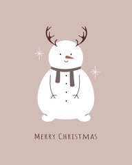 Merry Christmas. Cute snowman with reindeer antlers. Greeting card, minimalistic post card, poster. Vector illustration