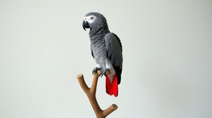 
A striking African grey parrot perches gracefully on a simple wooden branch, set against a minimalist studio background