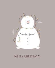 Merry Christmas. Cute snowman with garland. Greeting card, minimalistic post card, poster. Vector illustration