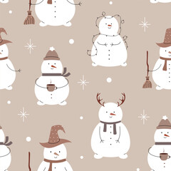 Seamless pattern with cute snowmen with garland, broom, deer antlers, cup of coffee. Vector illustration.