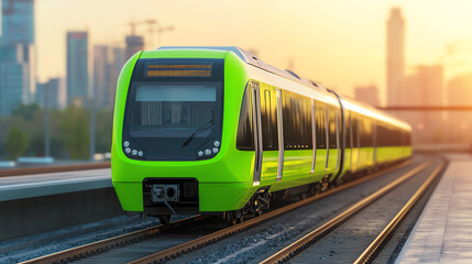 Naklejka premium Green train at sunset on railway tracks
