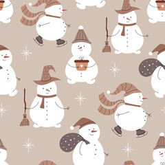 Seamless pattern with cute snowmen with gifts, broom, on skates. Vector illustration.