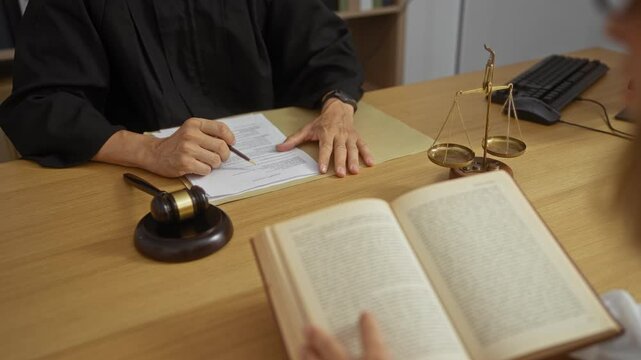 Judge signing document in courthouse while client reviews legal book with gavel and scales of justice on desk