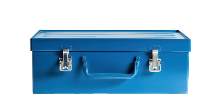 Large tool storage blue toolbox, showcased on a pristine white background.