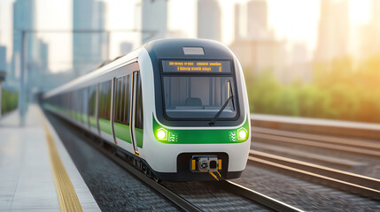 Naklejka premium Modern train at station during sunset