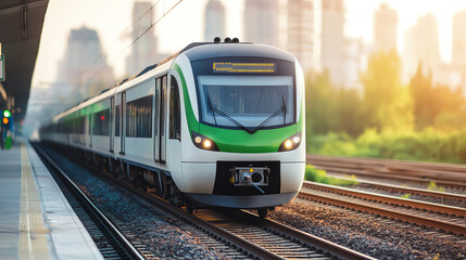 Obraz premium Modern train at station with city backdrop