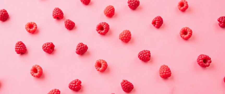 Close-up of scattered red raspberries on a pastel pink background in a pattern. This vibrant image is ideal for food, health, and design-related themes due to its bold colors and simplicity.