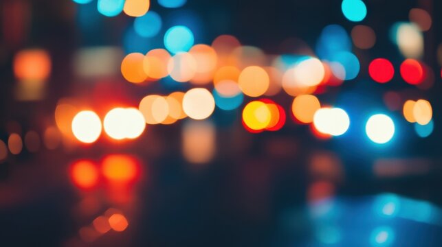 Red and blue police lights blurred in the night, capturing the urgency and drama of a law enforcement situation, ideal for thriller or crime-related content.