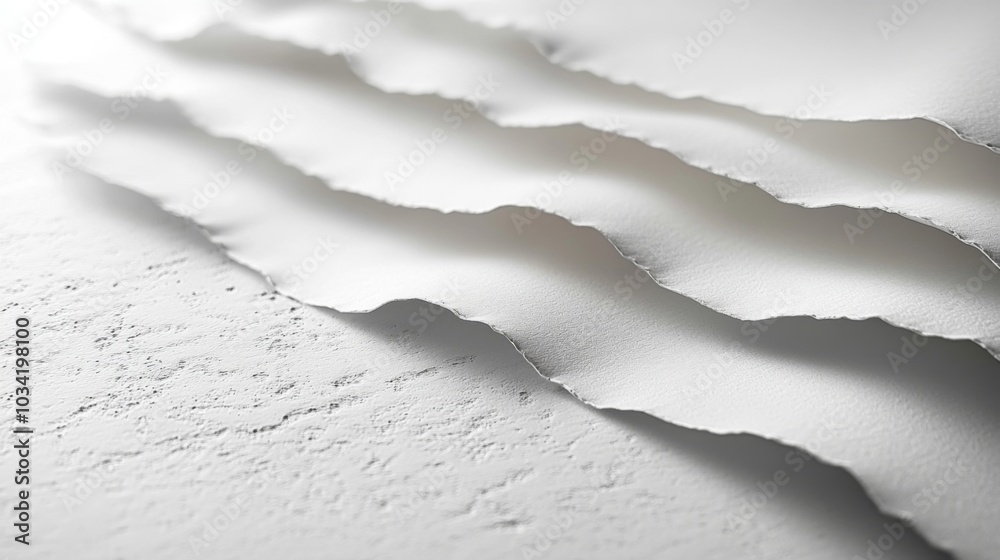 Aufkleber Layers of torn paper are arranged on a soft white surface, showcasing contrasting textures and shadows, creating a subtle yet artistic visual effect.
