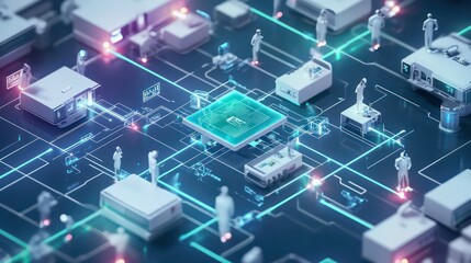 A 3D illustration of a futuristic city with glowing lines connecting buildings and people, symbolizing the interconnectedness of technology and society.
