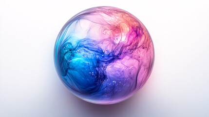 A mesmerizing soap bubble with vibrant colors, floating on a pure white background, perfect for advertising, relaxation, and beauty concepts.