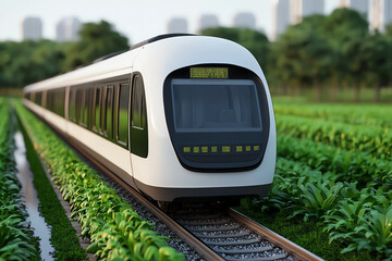 Fototapeta premium Modern train on tracks through green fields