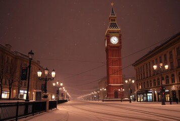 _ - . A snowy night in a city with a large clock tower, snowflak