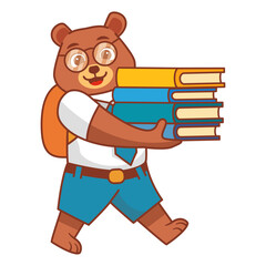 School animal character.  Children education.A bear puppy with books.Line art vector illustration.Children Library little bear  reading a book.Schoolboy carry lots of books.Back to school.