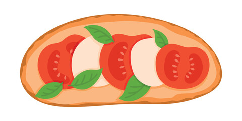 Bruschetta Italian Cuisine Appetizer. Open Sandwich with Grilled Bread Topped with Fresh Tomatoes, Mozzarella and Basil. Isolated Vector Illustration on White Background