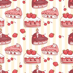 Seamless pattern with cute Piece of birthday cake with cherries, strawberries and candle on striped yellow background. Funny holiday kawaii cartoon character. Vector illustration. Kids collection
