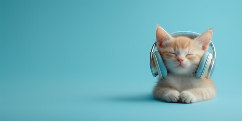 Cute adorable funny kitty cat relaxing with closed eyes listening to music wearing headphones on head. Melodic and musical pastel blue background with copy space.