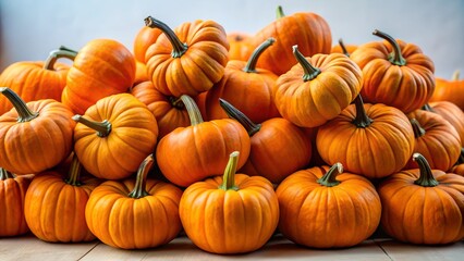 A pile of bright orange pumpkins resting on a white surface, perfect for autumn displays and seasonal recipes