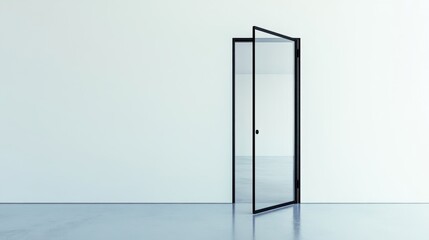 Sleek black-framed glass door against a stark white wall, leading into a professional meeting space, perfect for corporate settings